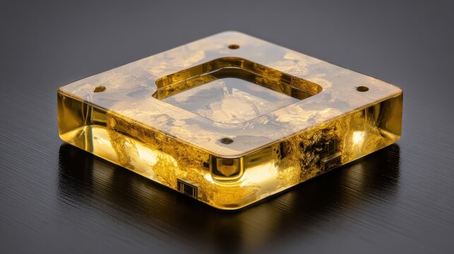 Glossy gold resin encapsulation of a delicate electronic component with subtle illumination
