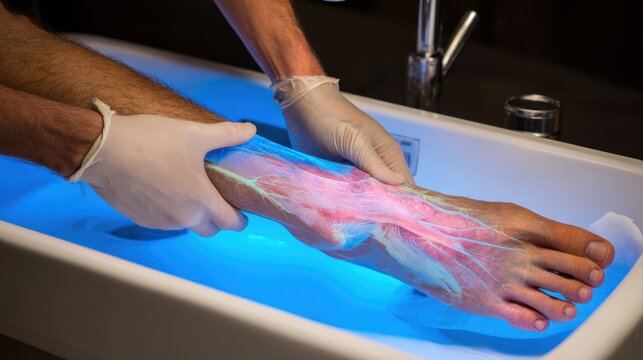 Gloved Hands Performing Bio-Regenerative Fluid Flush on Illuminated Human Anatomy Limb
