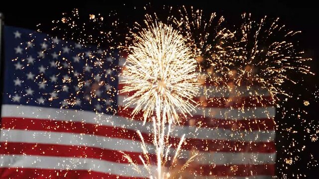 Beautiful fireworks exploding in night sky over large waving american flag celebrating independence day holiday patriotic event visual background for digital creative media production.