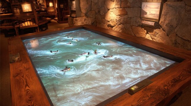 Holographic projection simulation of avian prey interacting within a water environment on an interactive display table