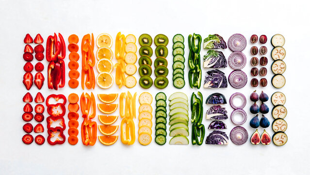 Fruits et l&eacute;gumes coup&eacute;es en lamelles dispos&eacute;s sur fond blanc et vues de dessus