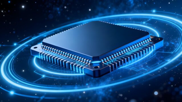 Blue microprocessor chip with glowing circuit rings against starry space background