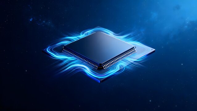 Blue-lit microprocessor chip with glowing energy waves against dark cosmic background
