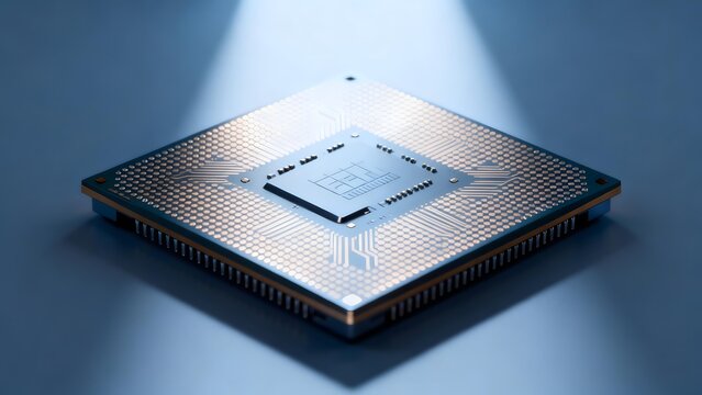 Square microprocessor chip with grid of solder balls under focused spotlight on blue surface