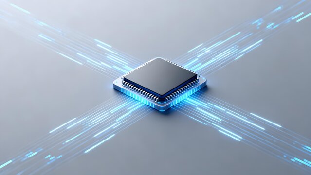Close-up of a microprocessor chip with blue light trails indicating data flow on a smooth surface