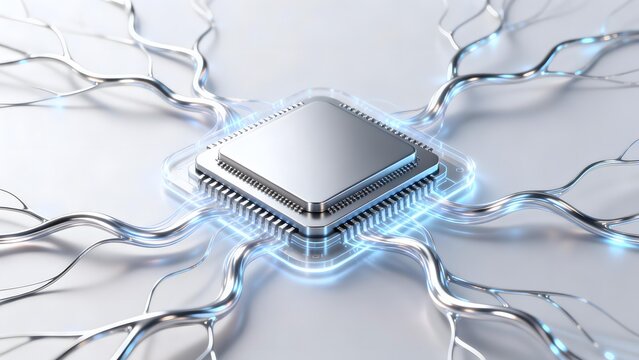 Silver microprocessor with glowing blue circuit-like tendrils radiating outward on a light background
