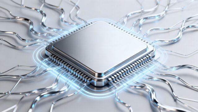 Silver microprocessor with glowing blue circuit connections on a metallic surface