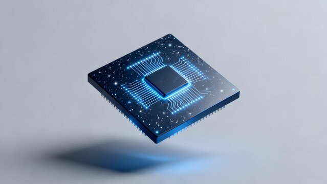 Floating microprocessor chip with glowing blue circuitry and starry surface against neutral background