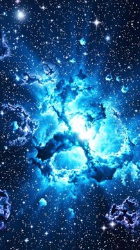 Abstract deep space animation featuring swirling cosmic dust clouds and brilliant blue glowing stars forming nebula in motion for cinematic science fiction film background footage.