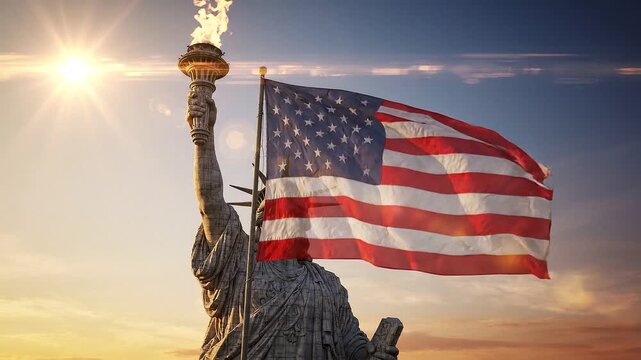 Statue liberty holding torch with american flag waving slowly in blue sunset sky background showing iconic us landmark and patriotic symbol representing freedom and democracy cinematic.
