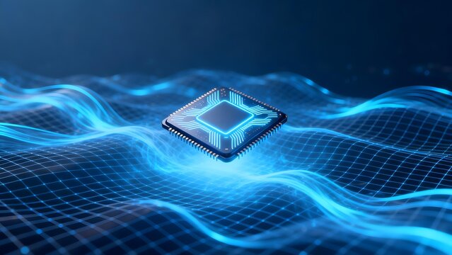 Floating microchip over glowing blue digital wave with grid surface futuristic tech visualization