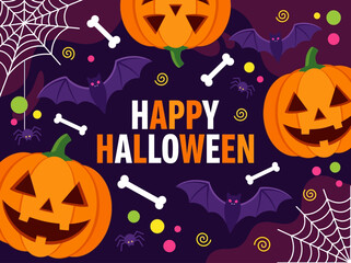 Fototapeta premium Happy Halloween Flat Vector Illustration with Pumpkins and Bats