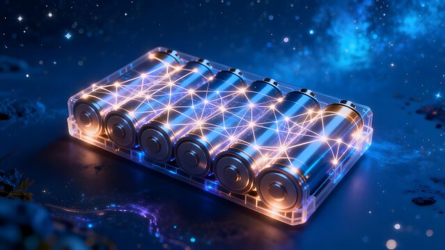 Transparent battery pack with glowing network connections on cosmic blue background