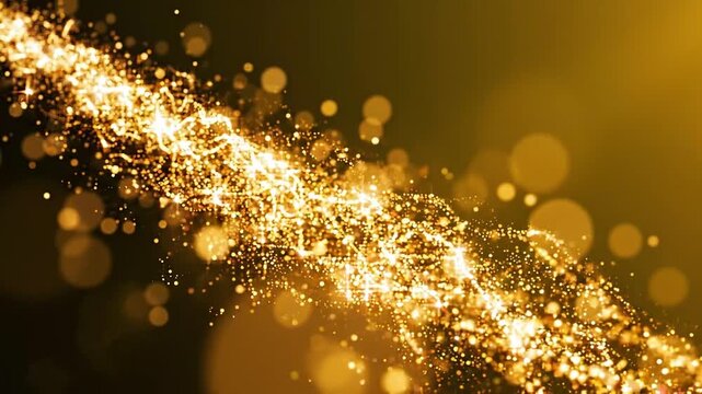 Golden glitter particles flowing diagonally across dark brown background cinematic abstract motion graphic effect elegant luxury light flare overlay high quality digital animation.