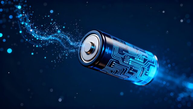 Futuristic cylindrical battery with glowing blue circuit patterns and energy particles streaming from its ends against dark background