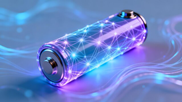 Glowing cylindrical battery with blue and purple light network surrounded by flowing energy waves on a smooth surface