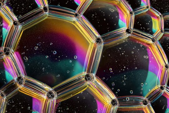 Macro view of iridescent soap bubble foam with thin film interference and geometric patterns.