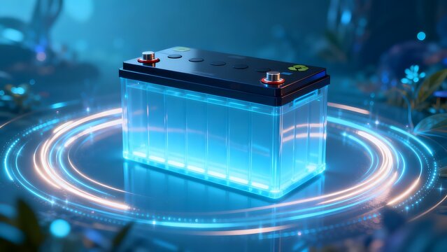 Futuristic transparent battery glowing with blue light on a circular energy platform in an underwater-like setting