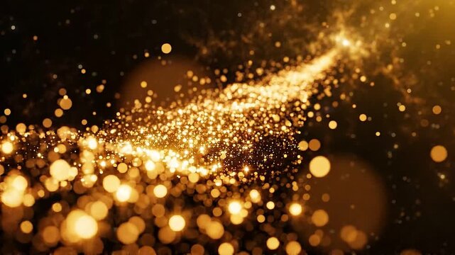 Abstract golden light particles moving continuously over deep dark background creating festive magical atmosphere for motion graphics project or digital celebration screen video clips.