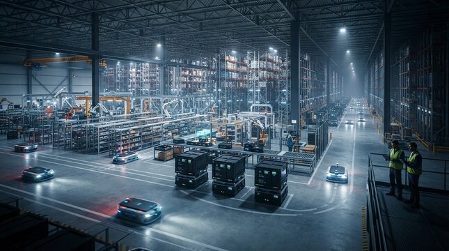 High-Tech Automated Warehouse Distribution Center with Autonomous Mobile Robots and Robotic Assembly
