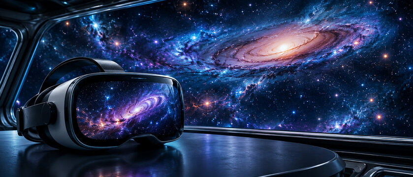 Virtual reality headset displaying a spectacular spiral galaxy, combining immersive technology and outer space imagery to represent VR, metaverse, digital exploration and futuristic experiences.