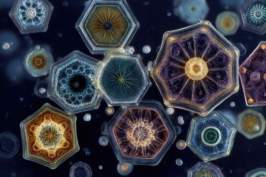 Microscopic view of colorful diatoms and algae cells in water under laboratory magnification.