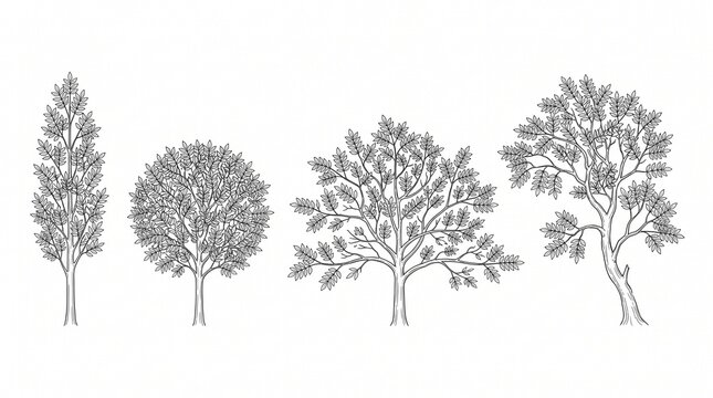 Set of Hand Drawn Tree Illustrations, Vector Line Art Sketches of Various Trees Isolated on White Background