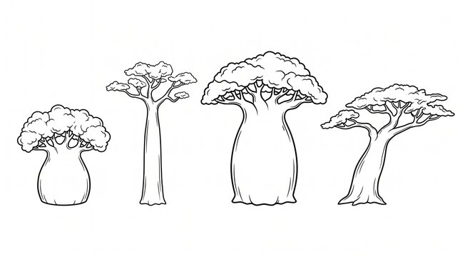 Set of African Baobab Trees Line Art Vector Illustration for Coloring Book and Educational Design