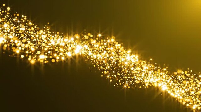 Glittering golden particles flowing in smooth wave motion across dark background magical light streaks glowing spark dust effects luxury holiday celebration abstract video footage.