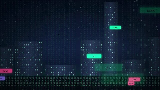 Abstract digital city skyline with glowing data points and floating network connection labels