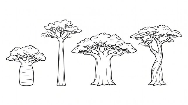 African Baobab and Savanna Trees Set Line Art Vector for Coloring Book