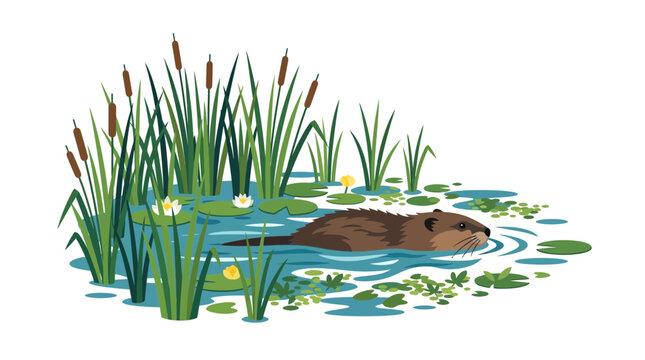 Flat vector illustration of a beaver swimming in a pond