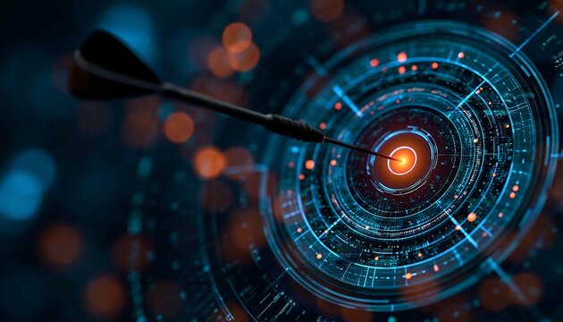 Dart hitting the bullseye of a futuristic digital target with glowing interface and bokeh lights