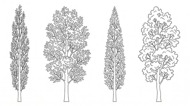 Set of Four Tree Outlines for Landscape Design and Coloring Pages - Hand Drawn Vector Illustration