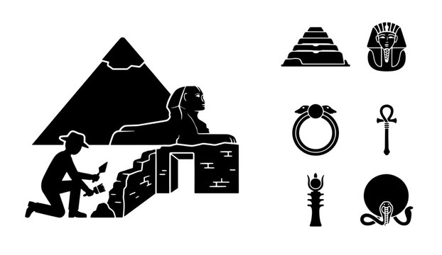 Ancient Egyptian archaeology icons, black silhouette sphinx and pyramid vector set, archaeologist digging historical ruins