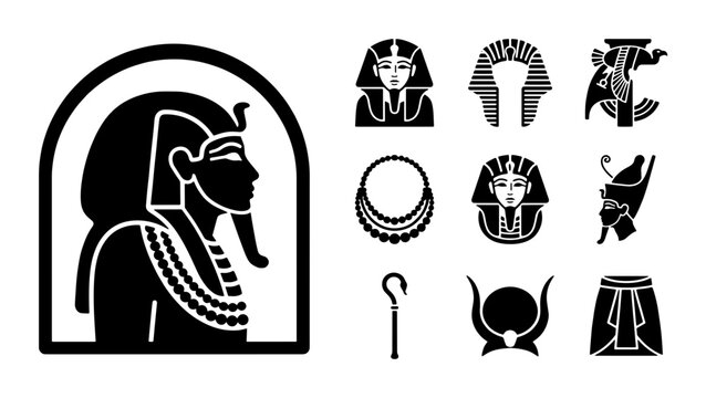 Ancient Egyptian pharaoh icons, 10 black vector symbols of royalty and mythology, Egyptian god and king silhouettes for history education