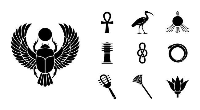 Ancient Egyptian symbols set, black scarab beetle and ankh icons, 10 vector elements for history and mythology design