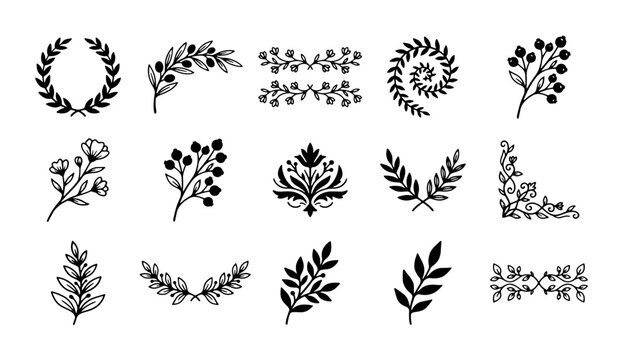 Vintage floral laurels and botanical branches set, 15 black ink hand drawn leaf wreaths, rustic wedding invitation decorative elements