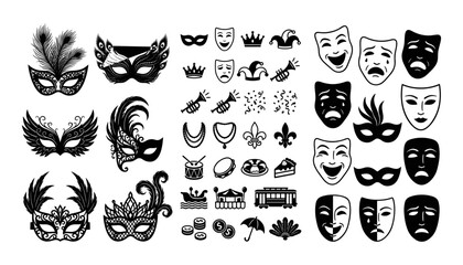Fototapeta premium Carnival Masquerade Theater Masks and Celebration Icons Vector Collection for Festive Designs