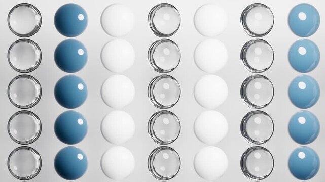 Seamless looping animation of morphing blue and white spheres and glass lenses on a white background