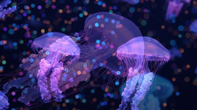 Graceful jellyfish swimming through deep dark ocean waters illuminated by vibrant colorful bokeh lights creating ethereal and hypnotic aquatic atmosphere perfect for dreamy visual media.