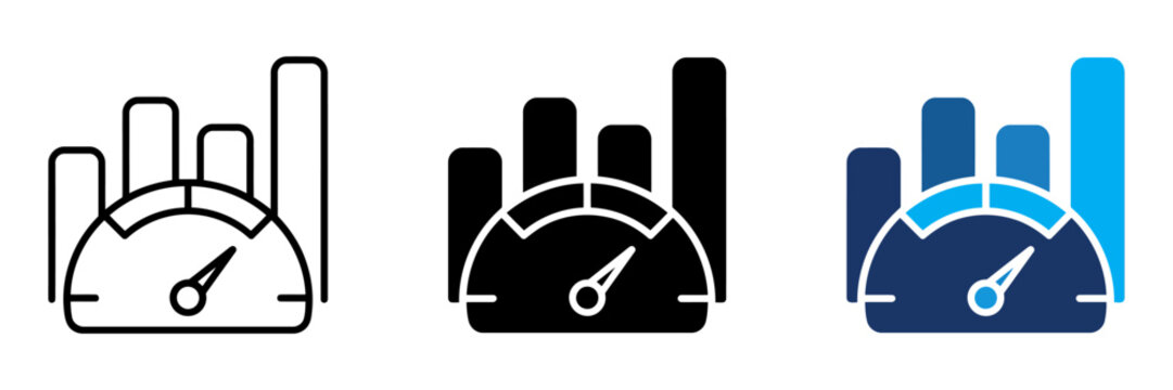Performance dashboard icons with bar charts and speedometers. Data analytics symbols for business growth. KPI tracking vector set.