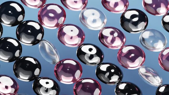 Pink, black and white glossy spheres rotating seamlessly on a blue background