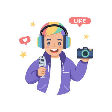 Happy content creator man holding camera and microphone for live streaming, cute lineless flat illustration
