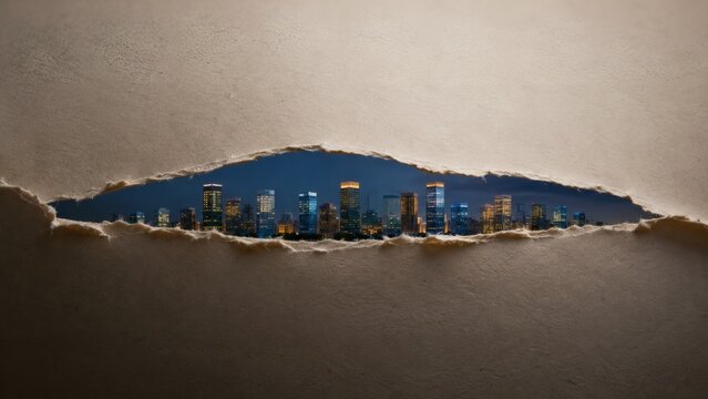 Modern city skyline at night revealed through a torn paper slit in cardboard