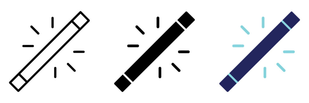 Magic wand icon set, glowing wizard stick vector graphics, 3 magic tool symbols for photo editing and design software