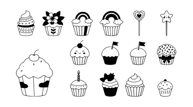 Cute Boho Cupcake Kids Baby Shower Hand Drawn Line Art Vector Set