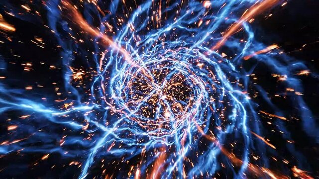 Cosmic warp tunnel travel through vibrant orange and blue energy streams glowing light particles moving at high speed across dark space background cinematic motion graphic loop video.