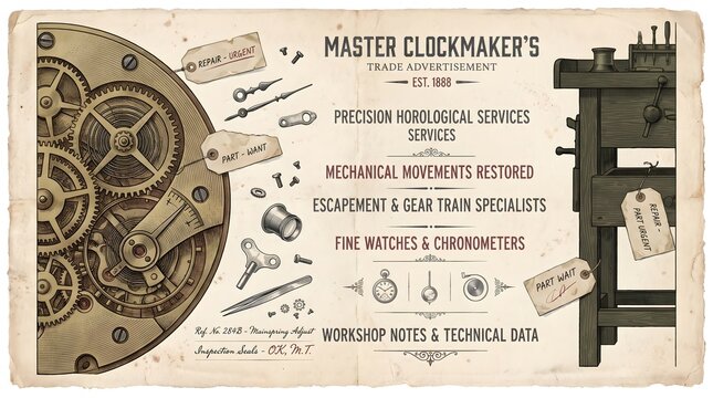 Vintage clockmaker workshop flyer with mechanical watch parts on aged paper.