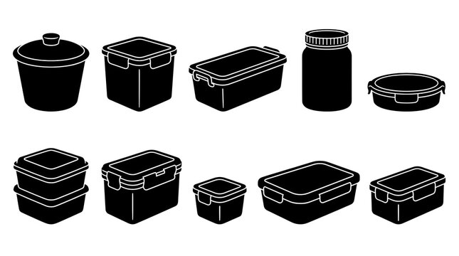 Food storage container types and airtight plastic box silhouette vector icon set including lunch box, meal prep container, kitchen storage jar, stackable food box and round container

